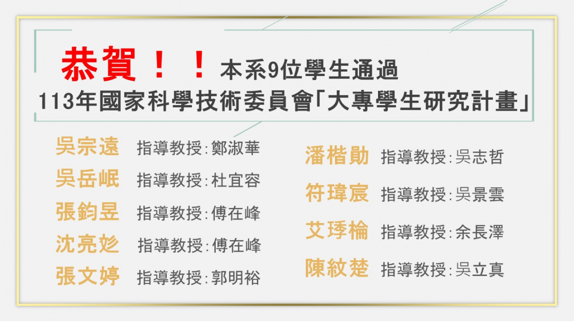 113國科會大專生計畫獲補助-9人